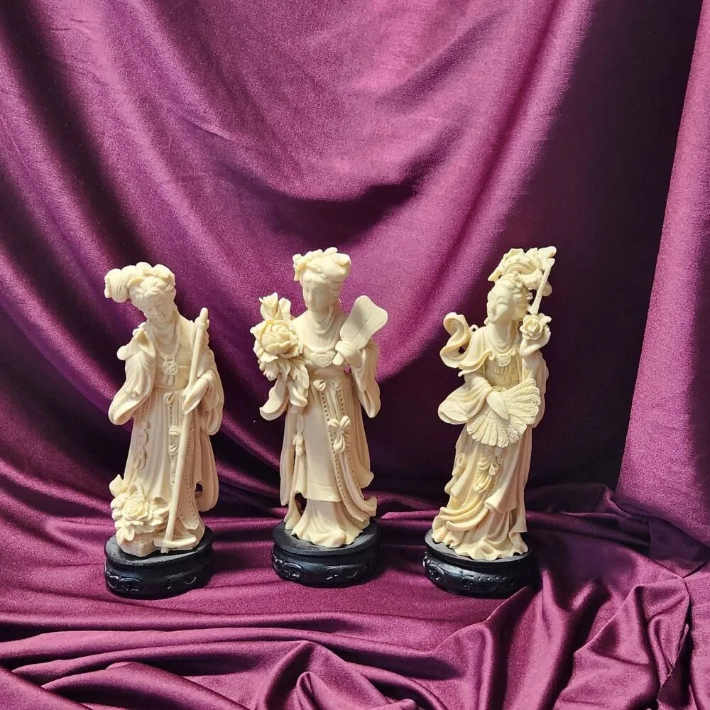 Set of 3 Chinese Resin Maiden Figurines Statues 7.5” Vintage